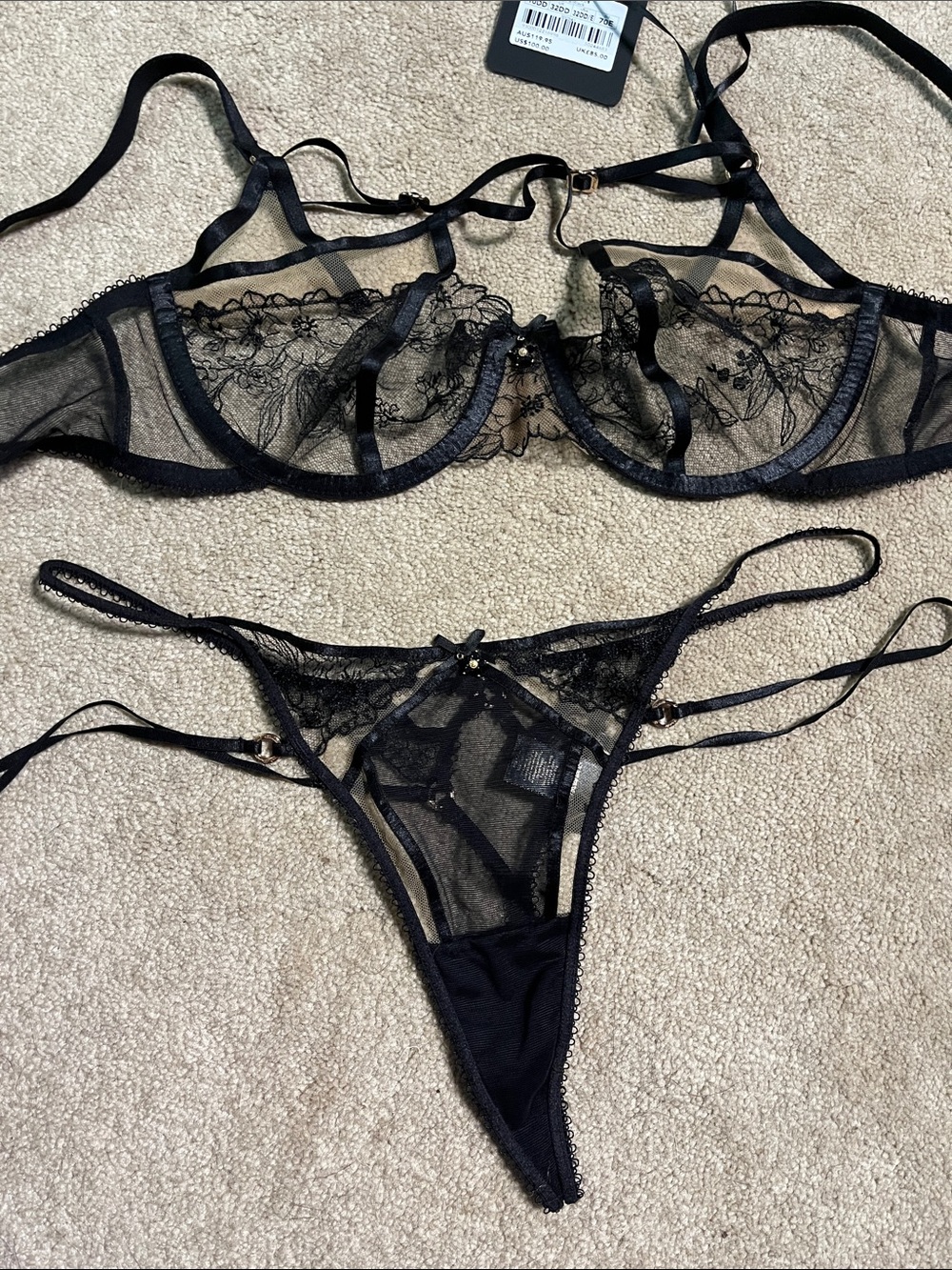 Honey Birdette Emma set Sheer Lace Underwire Bra & Thong Set - Black - Picture 2 of 12
